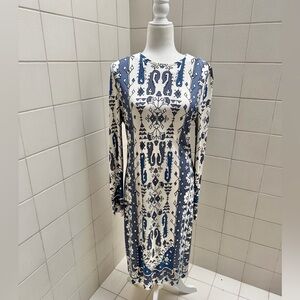 Tory Burch Blue & White Tile Print Long Sleeve Shift Dress Zip Back Size M